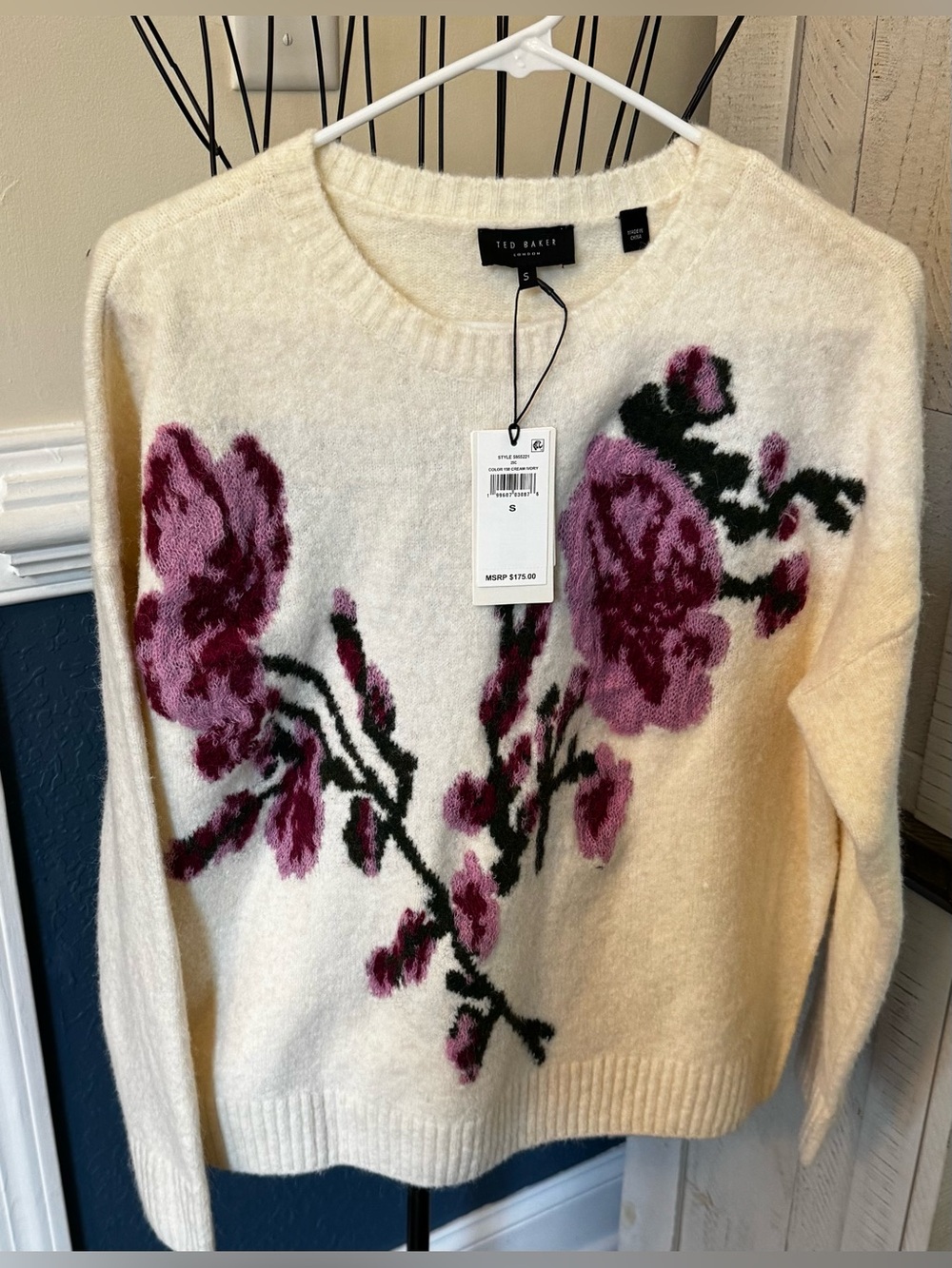 New Ted Baker Cream Ivory Floral Knit long sleeve sweater Small S Wool Alpaca